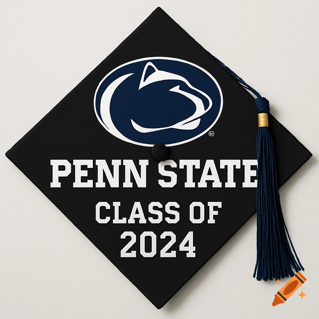 Black graduation cap with Penn State logo and 'PENN STATE CLASS OF 2024' text.
