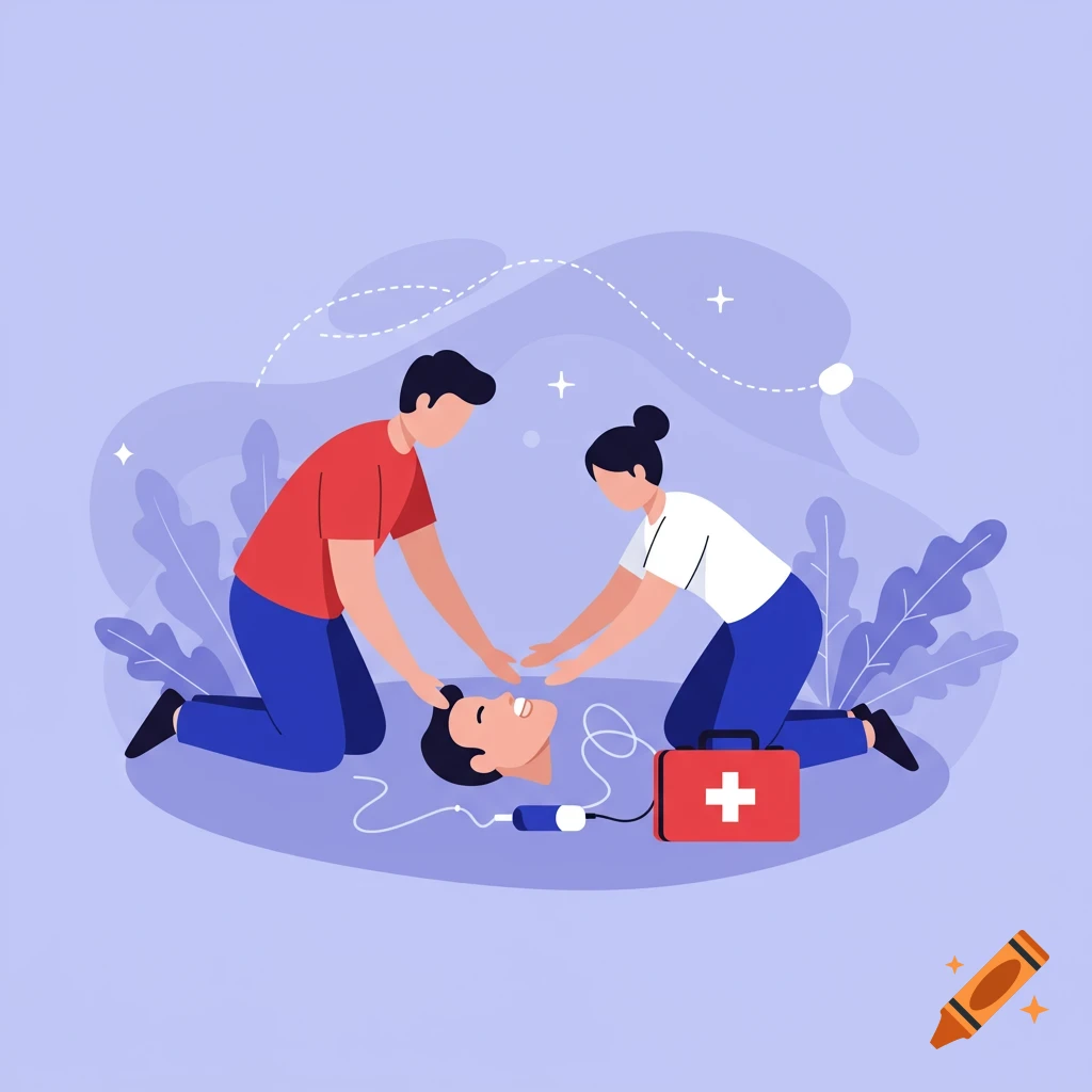 Flat illustration of two people performing CPR on a person, with a first aid kit nearby.