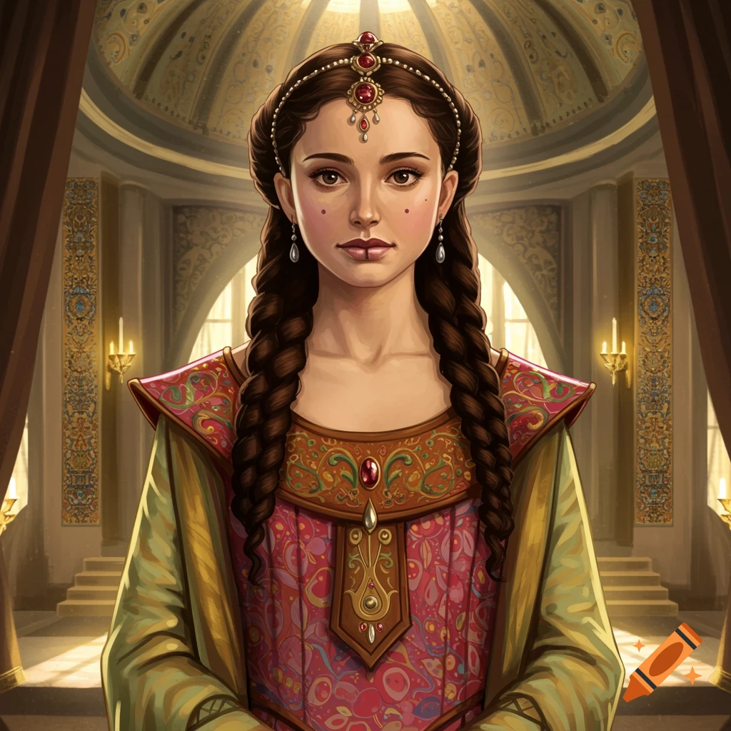Portrait of young woman resembling Padme Amidala in elaborate clothing inside an ornate room.