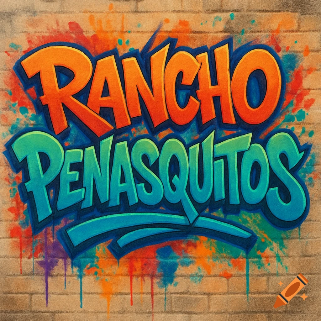 Orange and teal graffiti text reading 'RANCHO PENASQUITOS' on a brick wall.