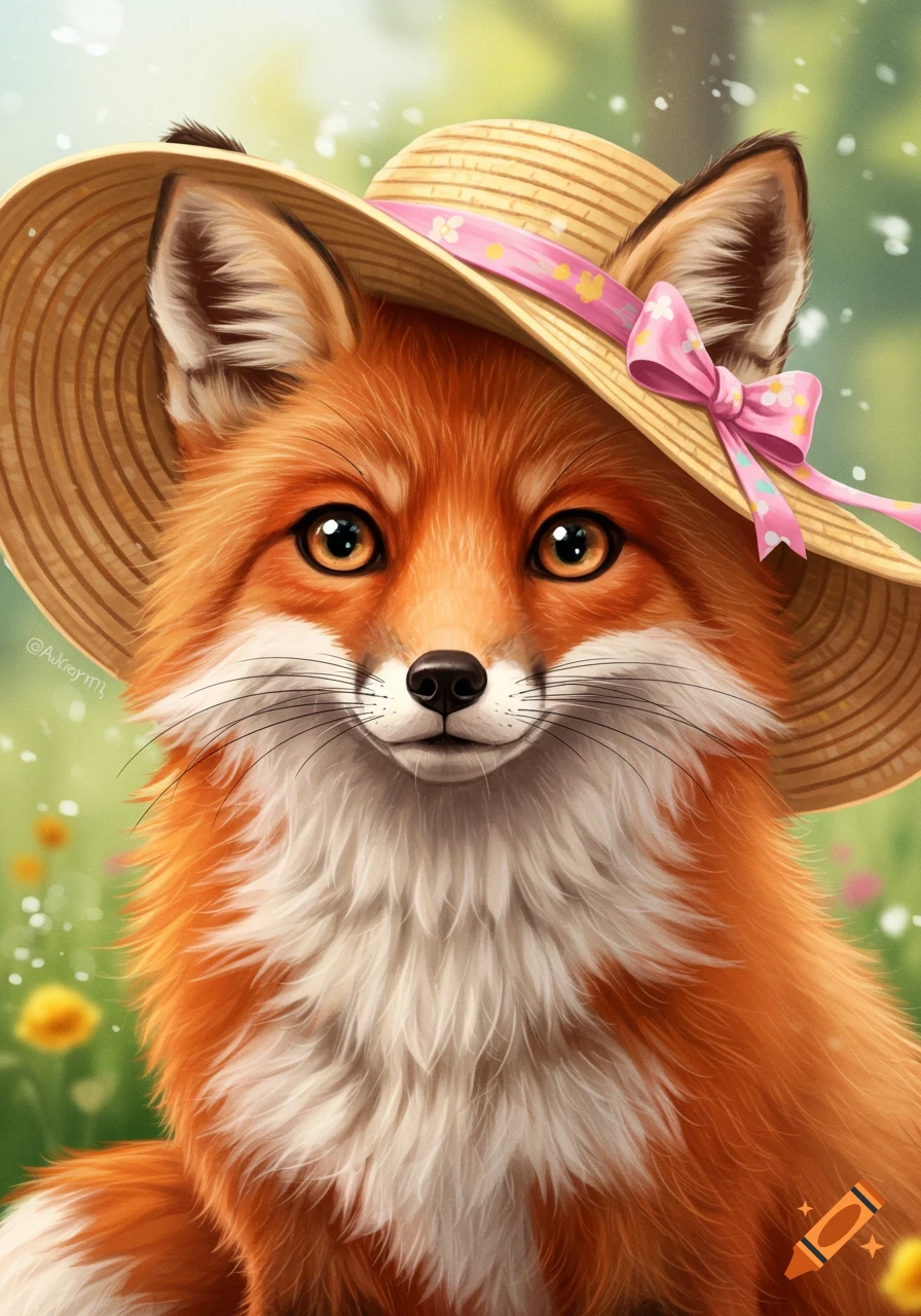 Cute red fox wearing a straw hat with a pink bow in a field
