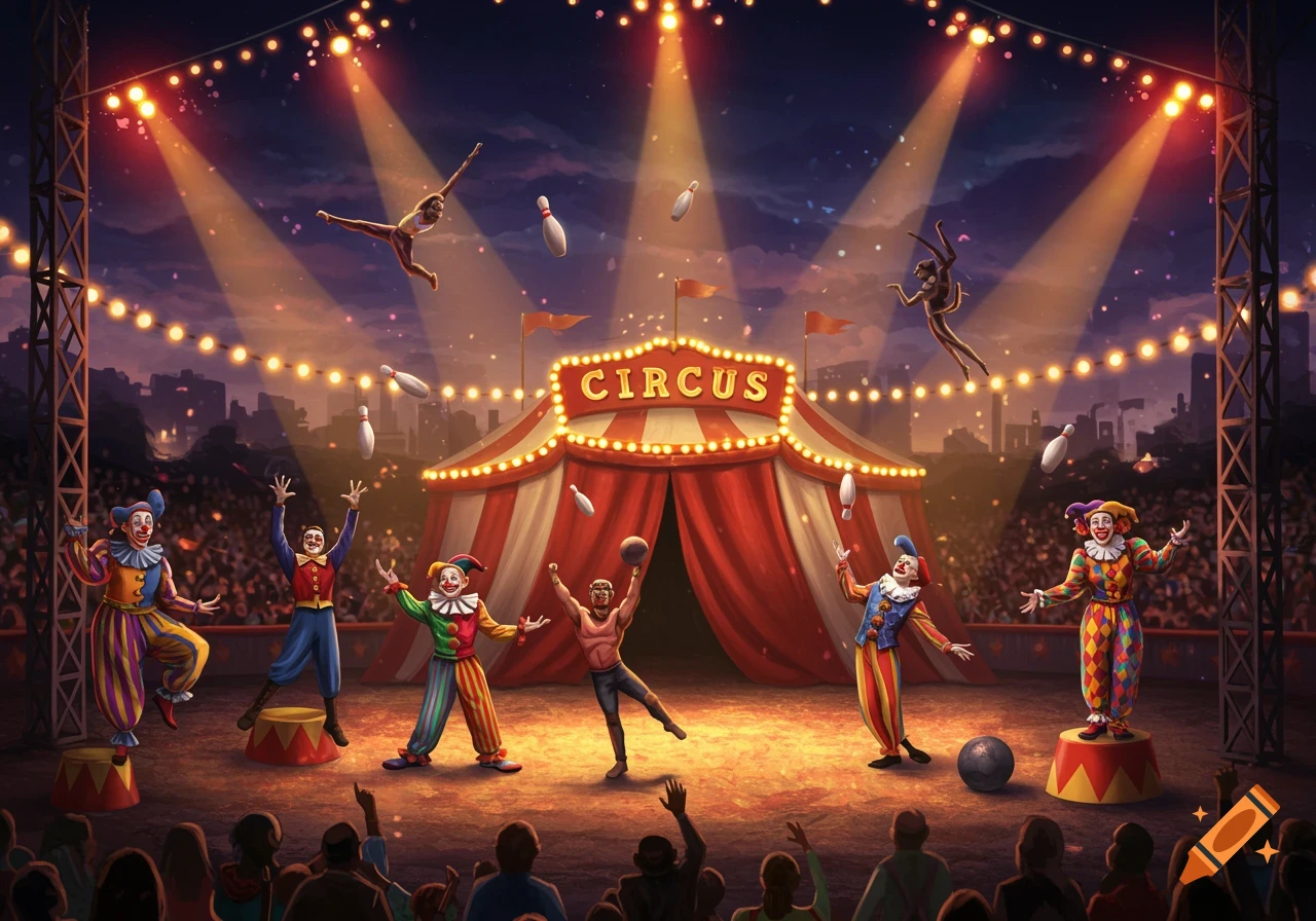 Illustration of a vibrant circus scene with performers including clowns, jugglers, acrobats, and a strongman under a big top tent.