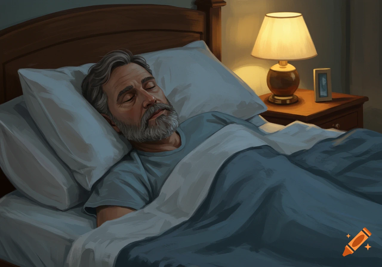 An older man with a beard sleeps in bed next to a lamp and framed photo on a nightstand. Digital illustration.