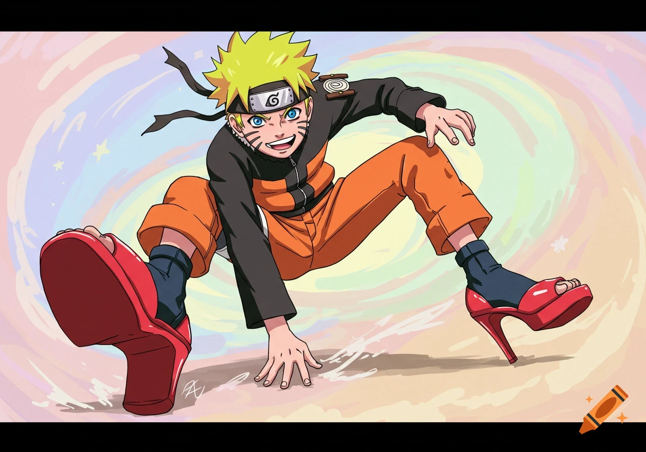 Anime drawing of Naruto Uzumaki in high heels, crouching in a dynamic pose.