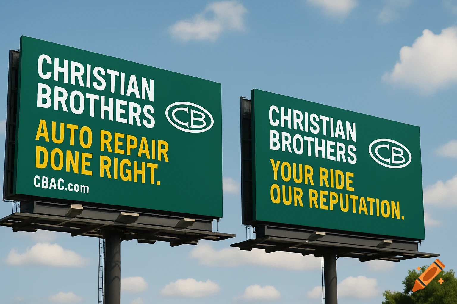 Two green billboards for Christian Brothers auto repair.