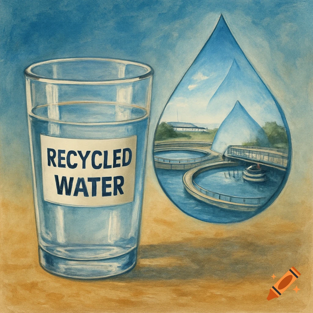Glass of water labeled 'Recycled Water' next to a droplet reflecting a water treatment plant, painted style.