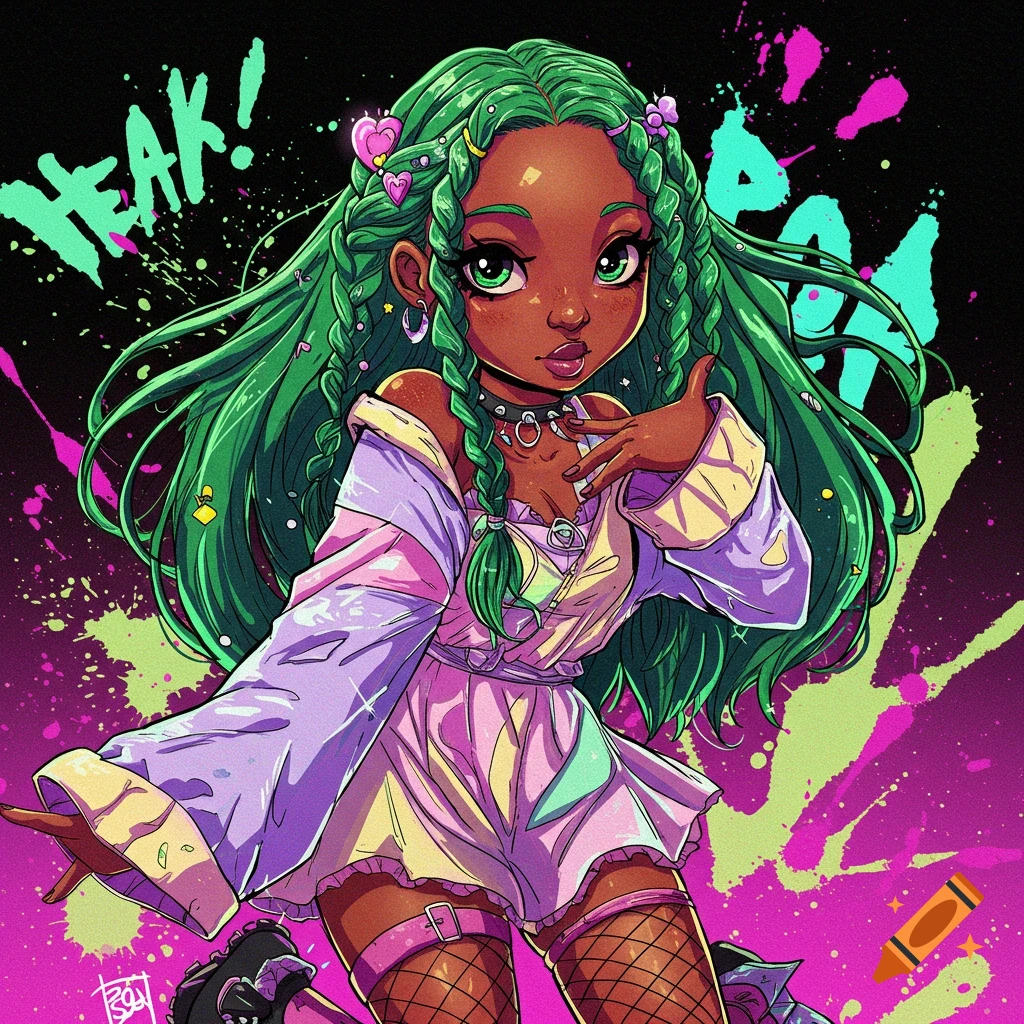 Illustration of a black girl with green braided hair in a vibrant outfit,  grunge aesthetic. on Craiyon, image size:1024x1024