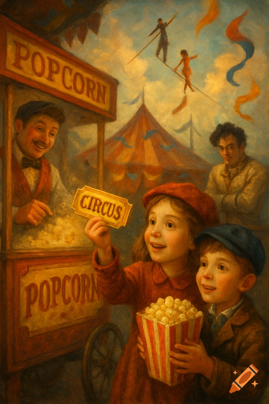 Painting of children with popcorn at a circus, tightrope walkers overhead.