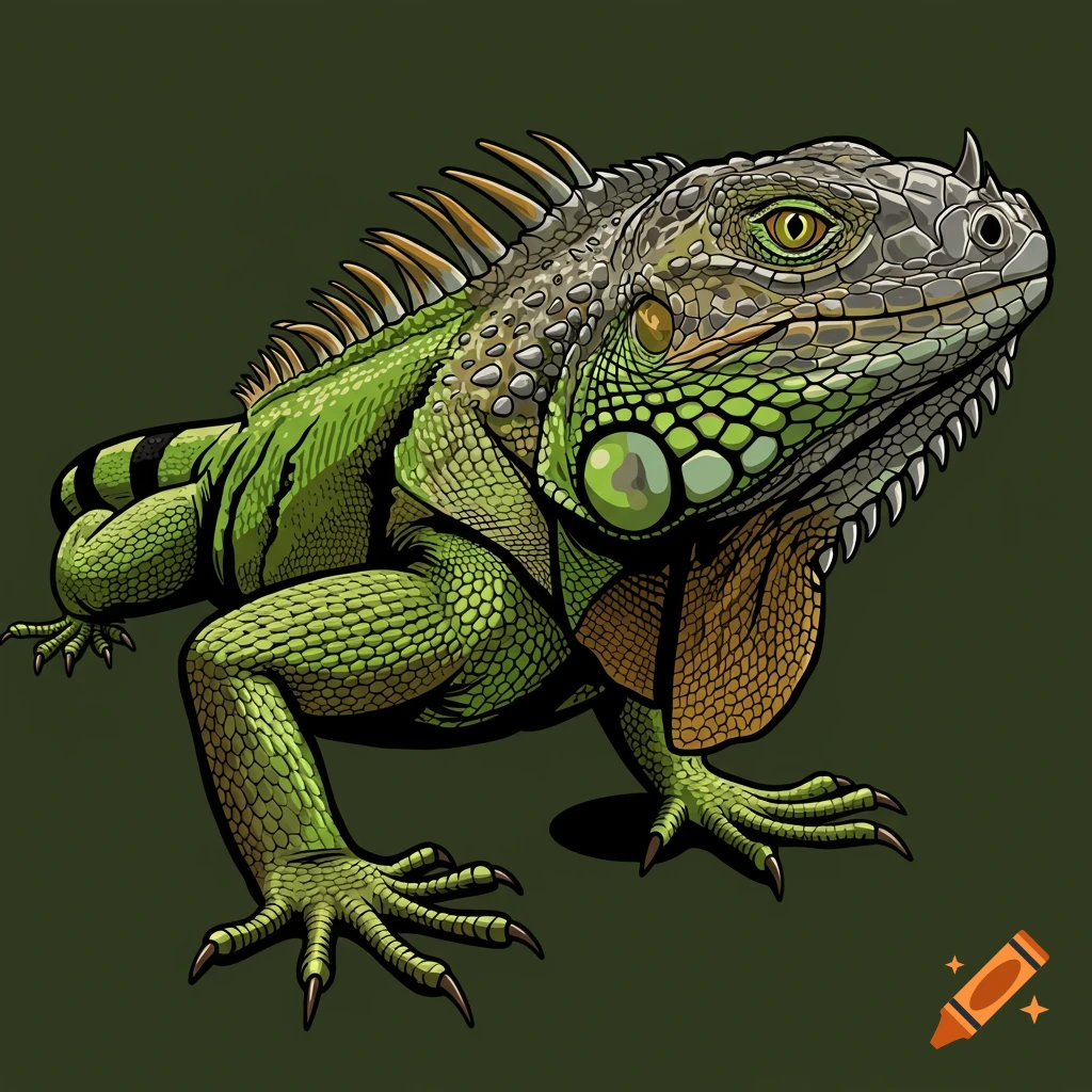 A stylized illustration of a green iguana on a dark background.