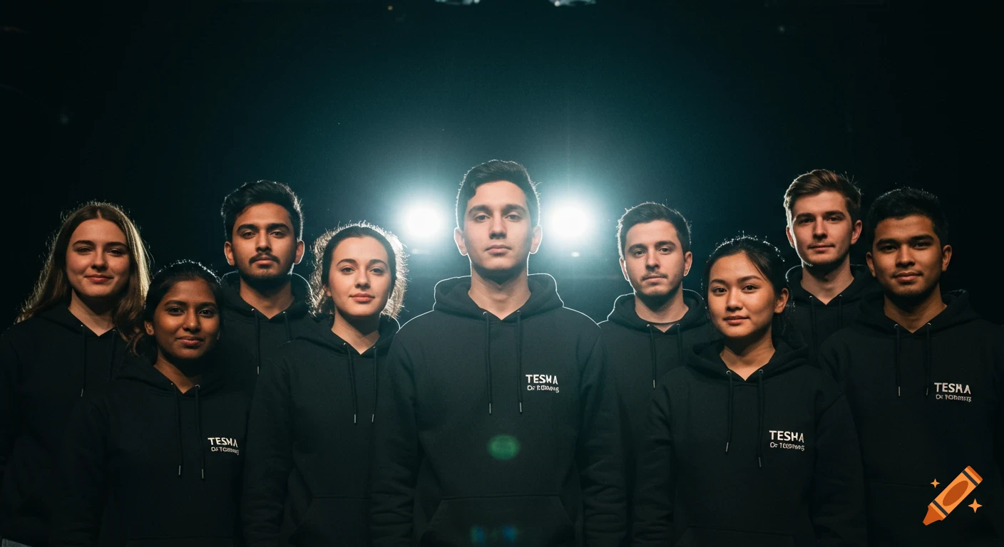 Group of young people in black hoodies stand under stage lights.