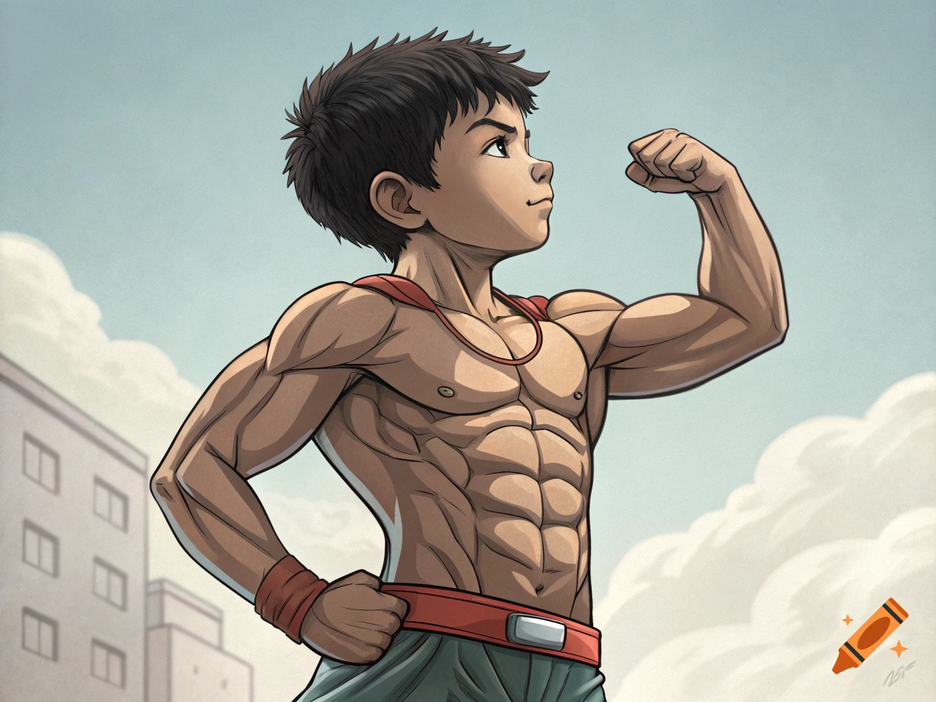Cartoon illustration of a muscular boy flexing his bicep against a sky backdrop.