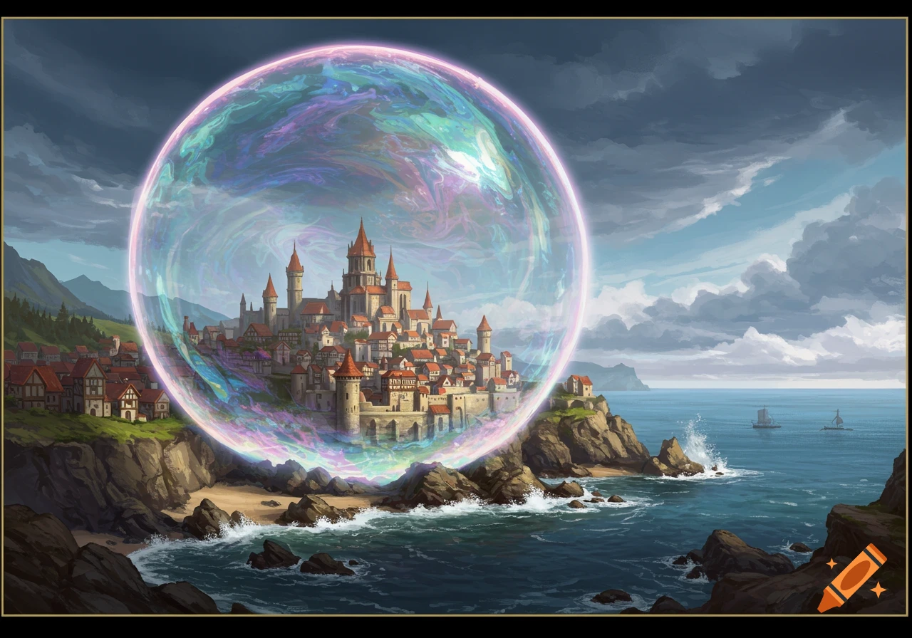 A medieval city on a cliff by the sea is encompassed by a large, iridescent bubble shield.