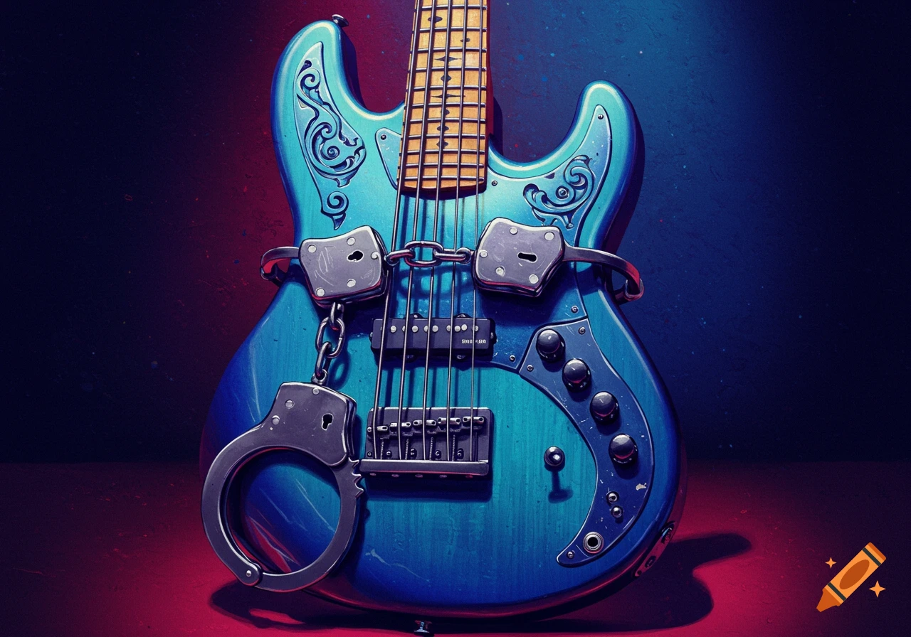 A blue bass guitar is bound by handcuffs in a dramatic, stylized image.