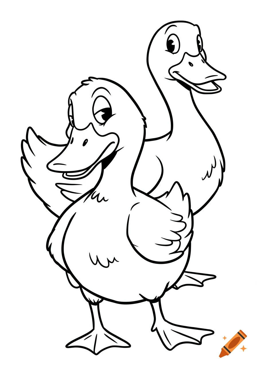 Black and white line art of two cartoon ducks, one in front with attitude, one behind.