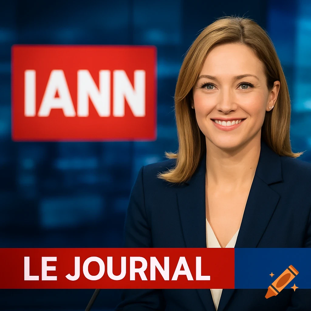 Photorealistic image of a woman news anchor in a suit in a studio with IANN channel branding and 'LE JOURNAL' text.