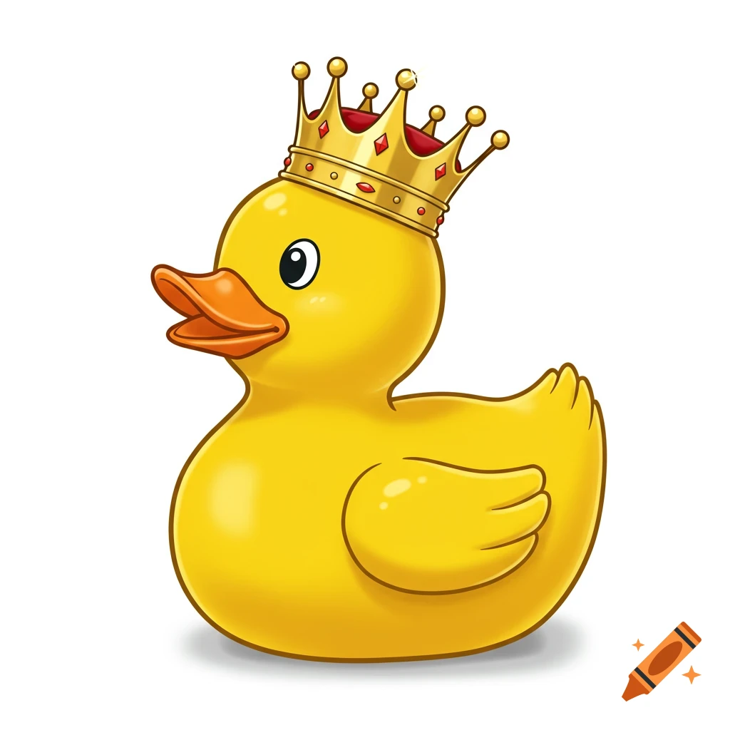 A bright yellow cartoon rubber duck wears a golden royal crown.