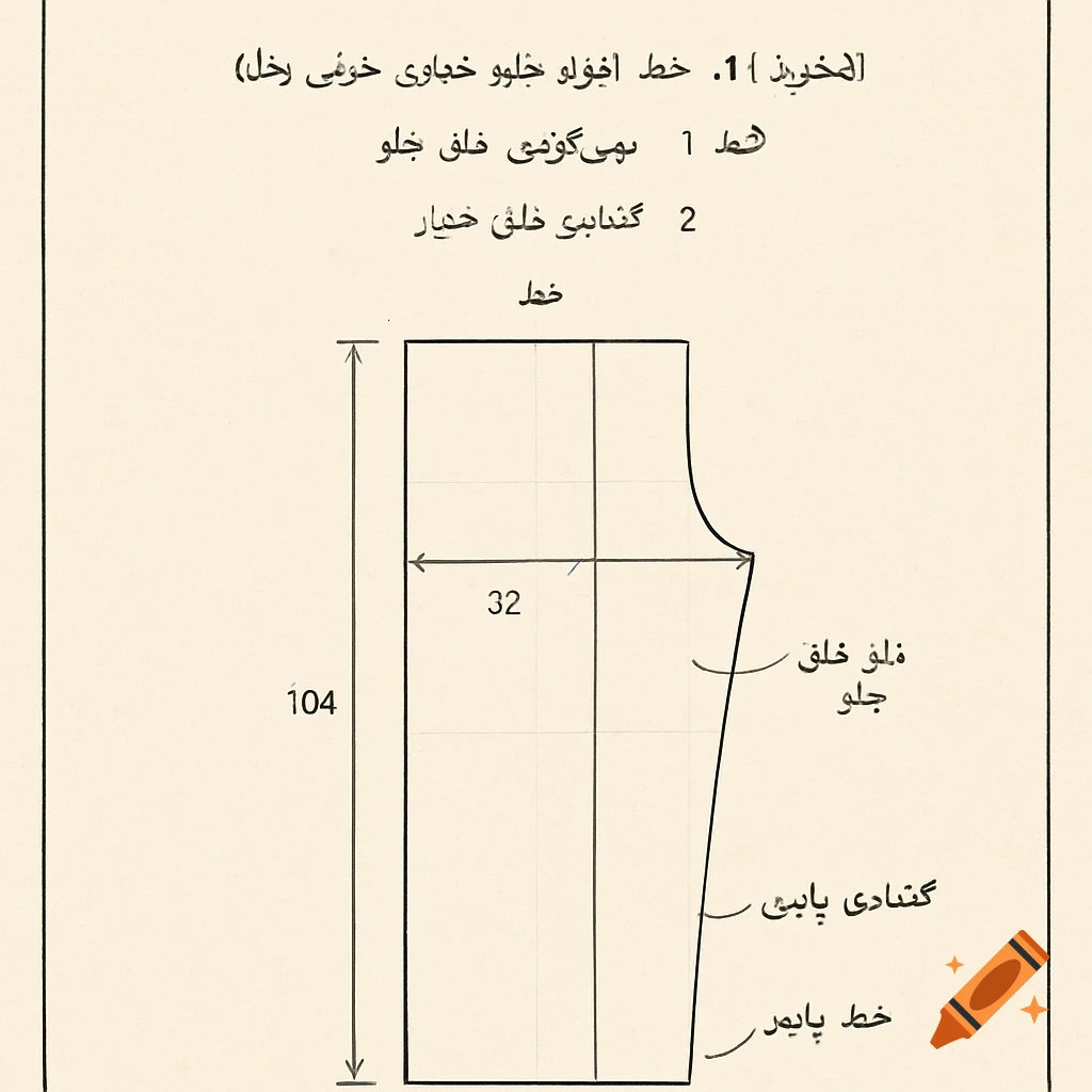 Technical line drawing of a pant pattern diagram with measurements and Persian text labels.