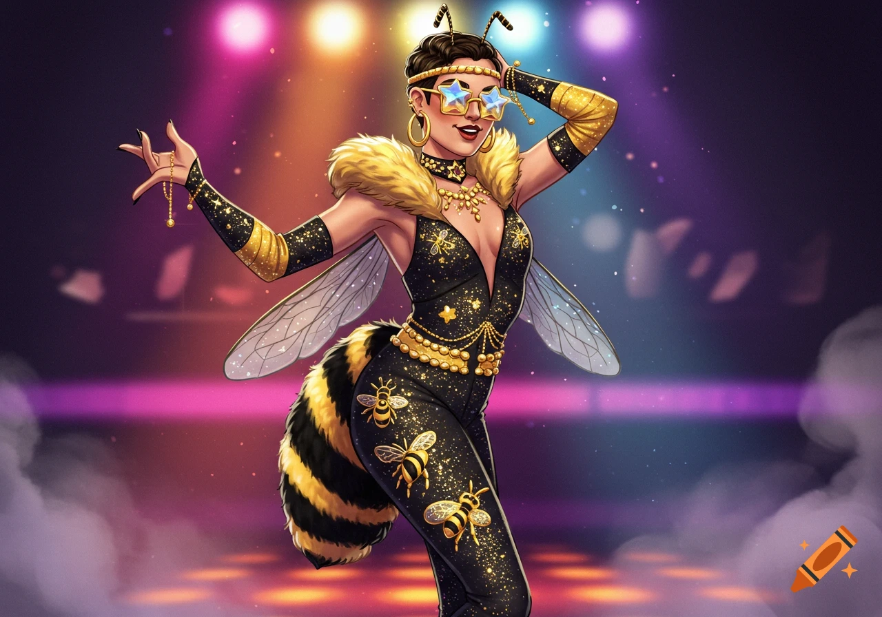 Woman in a sparkly black and gold disco bee costume on a stage with lights.