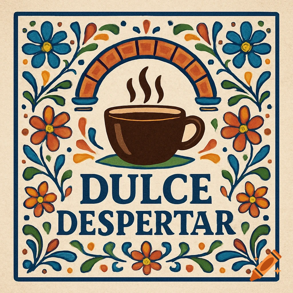 Talavera style coffee logo with cup, floral border, and 'DULCE DESPERTAR' text.