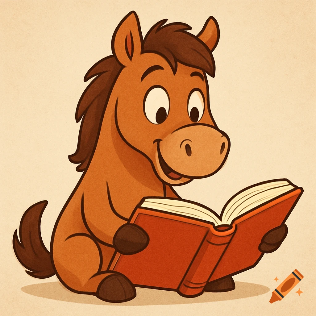 A cartoon horse sits and reads an open book.