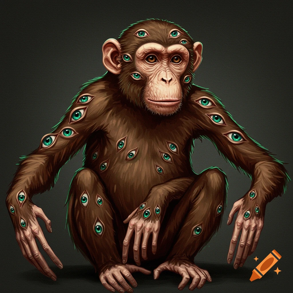 A brown monkey with many green eyes covering its body and limbs sits against a dark background in a painted style.