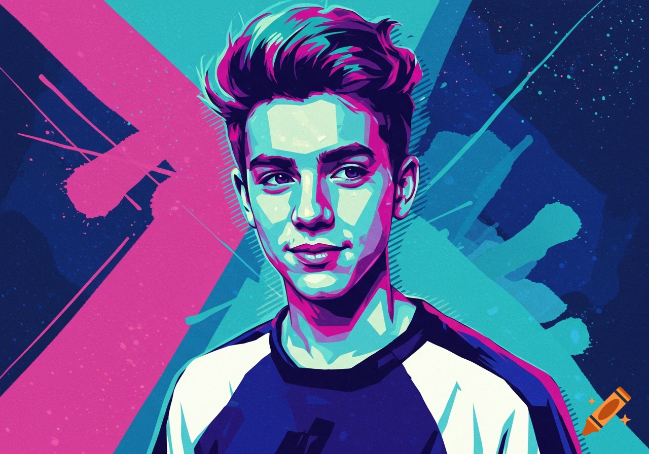 Graphic art portrait of a young man in vibrant pink, blue, and teal colors.