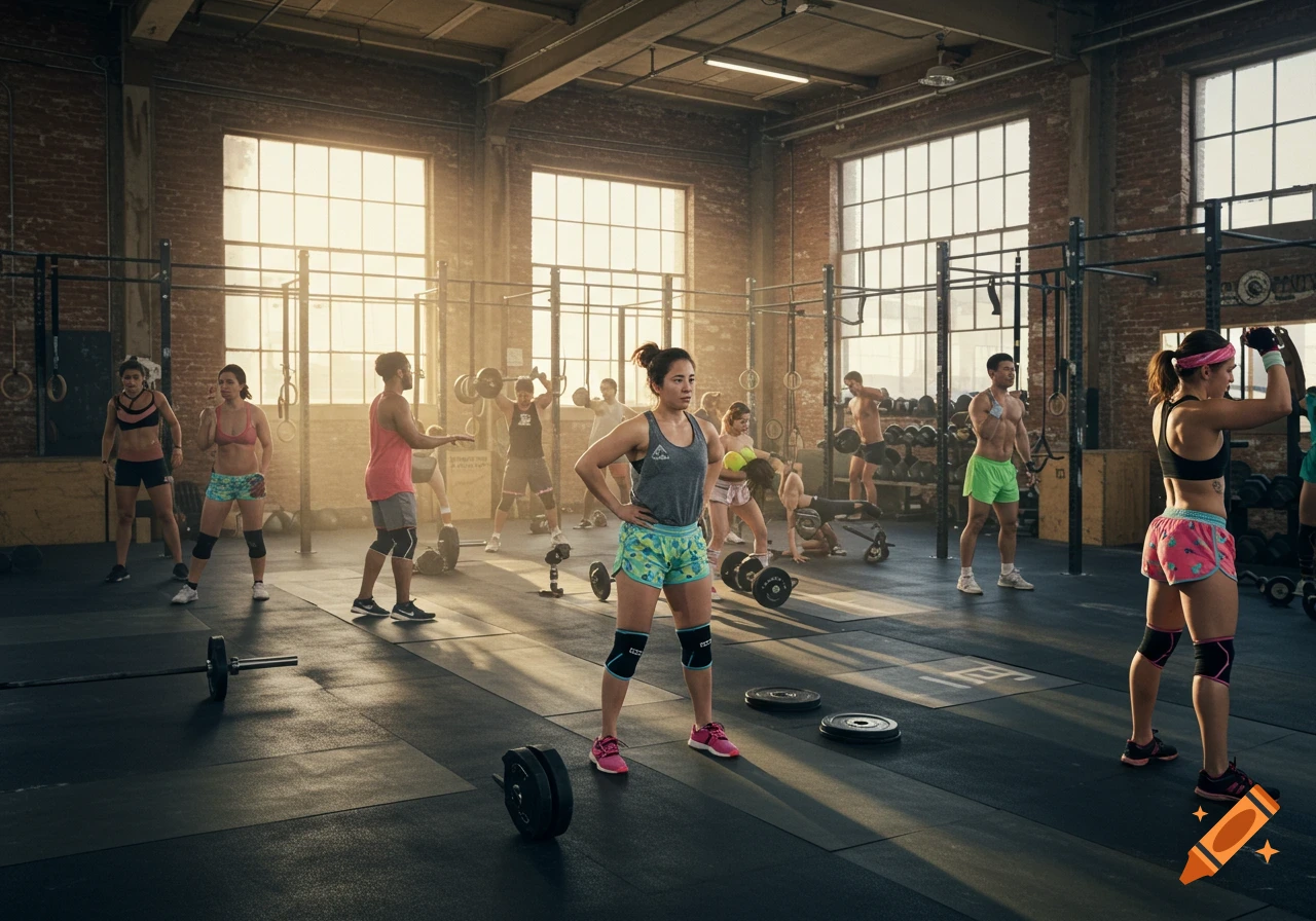 People work out in a sunlit crossfit gym.