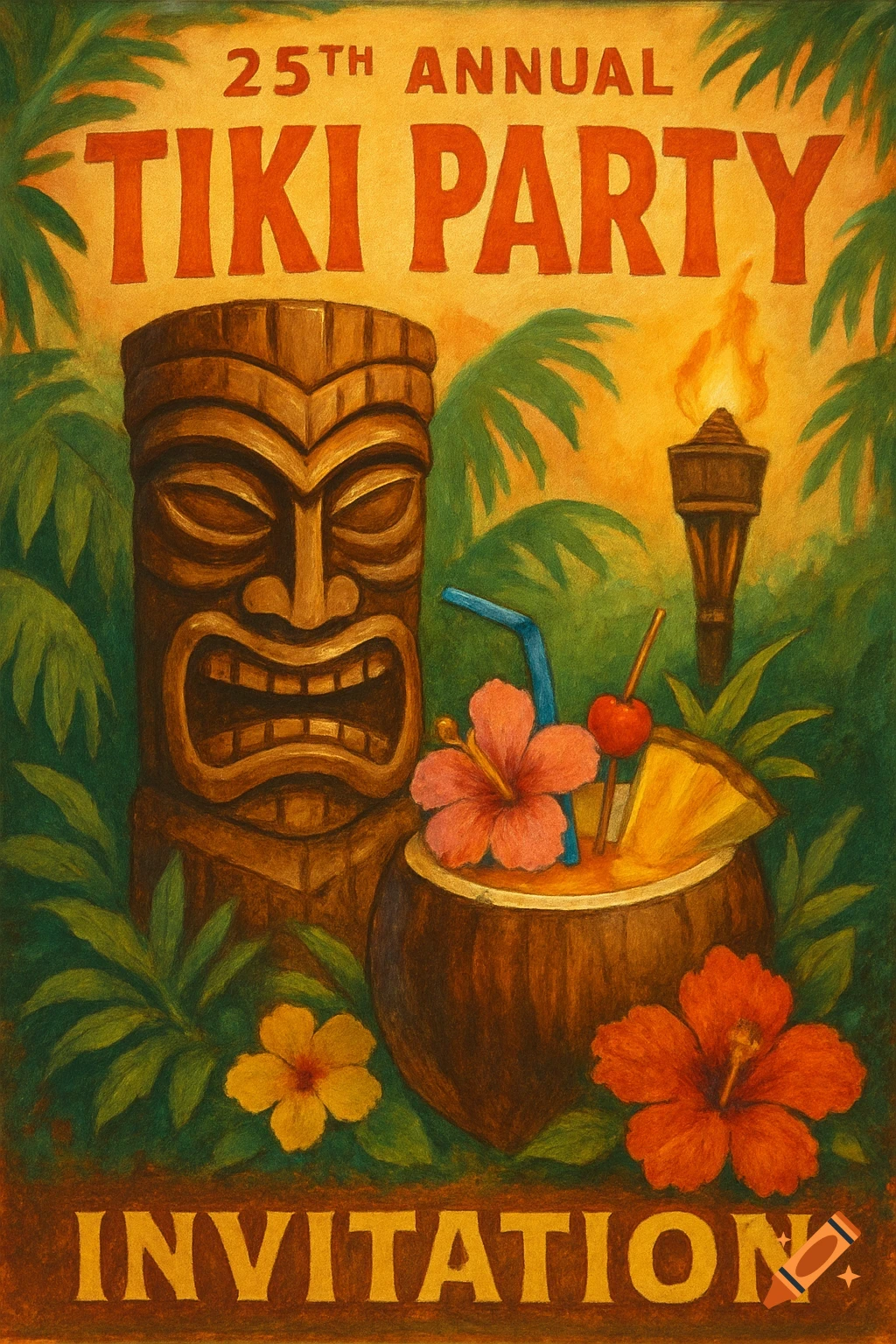 Classic illustration of a tiki party invitation with a tiki mask, tropical drink, and plants.