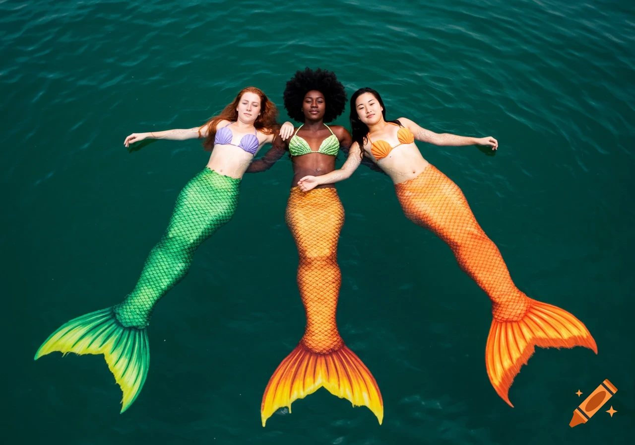 Three mermaids with different skin tones and colorful tails float together in blue water.