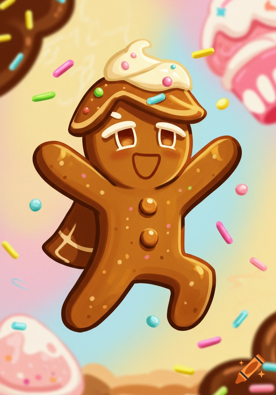 Smiling gingerbread man character with sprinkles and sweets