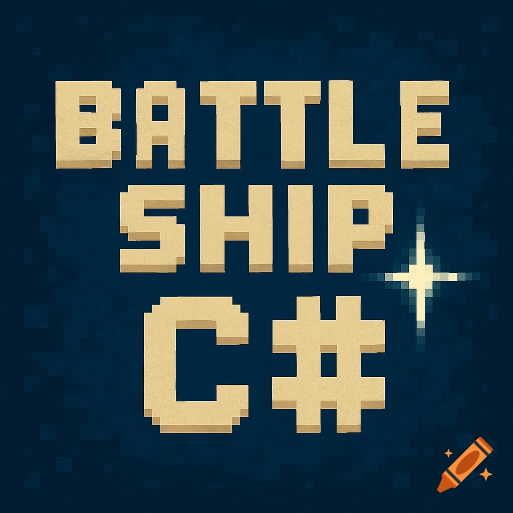 Pixel art text that says 'BATTLE SHIP C#' with a sparkle.