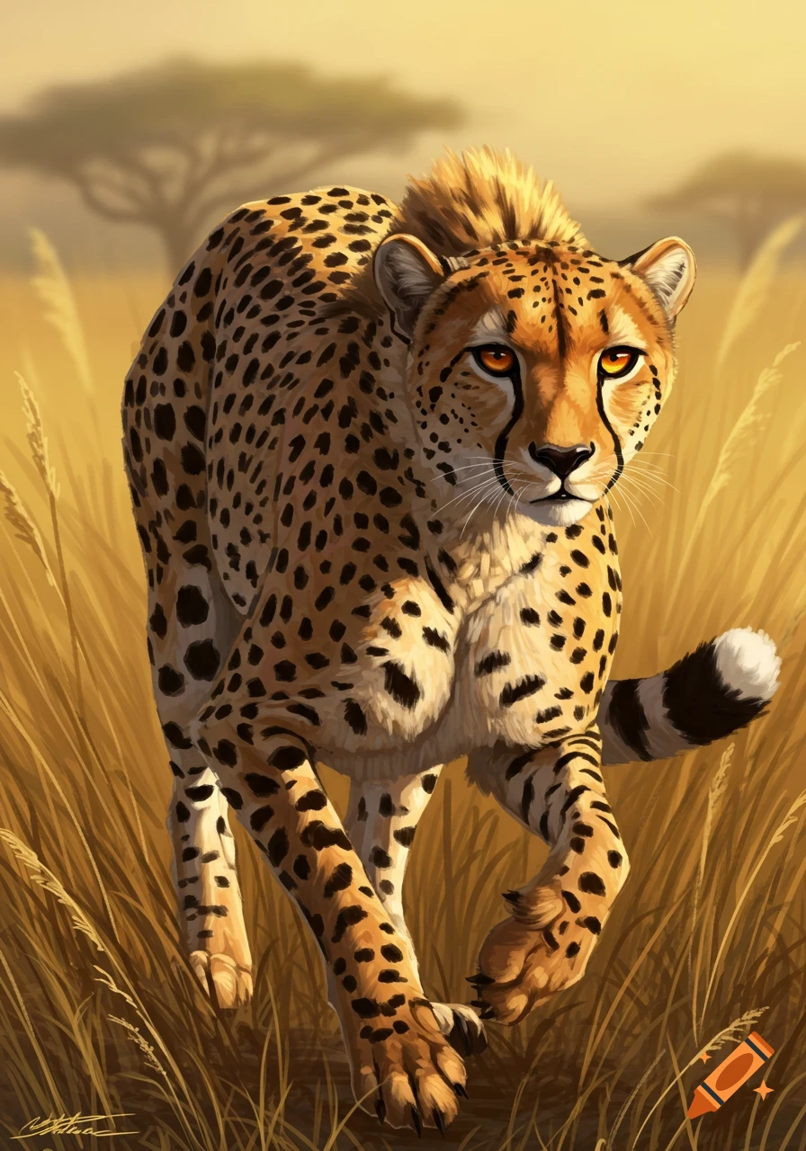 A digital painting of a cheetah running through tall golden grass in a savanna.