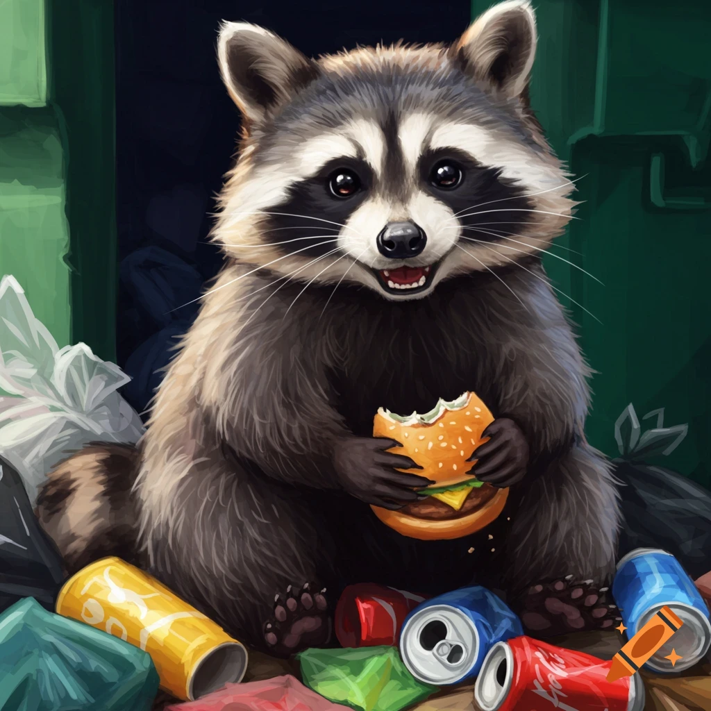 Illustration of a raccoon eating a hamburger in a pile of trash.