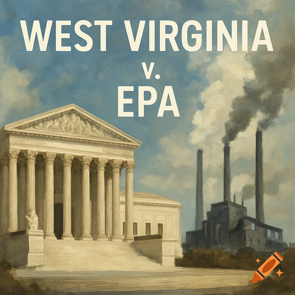 Painting of the Supreme Court building and a power plant with smoke. Text reads: WEST VIRGINIA V. EPA.