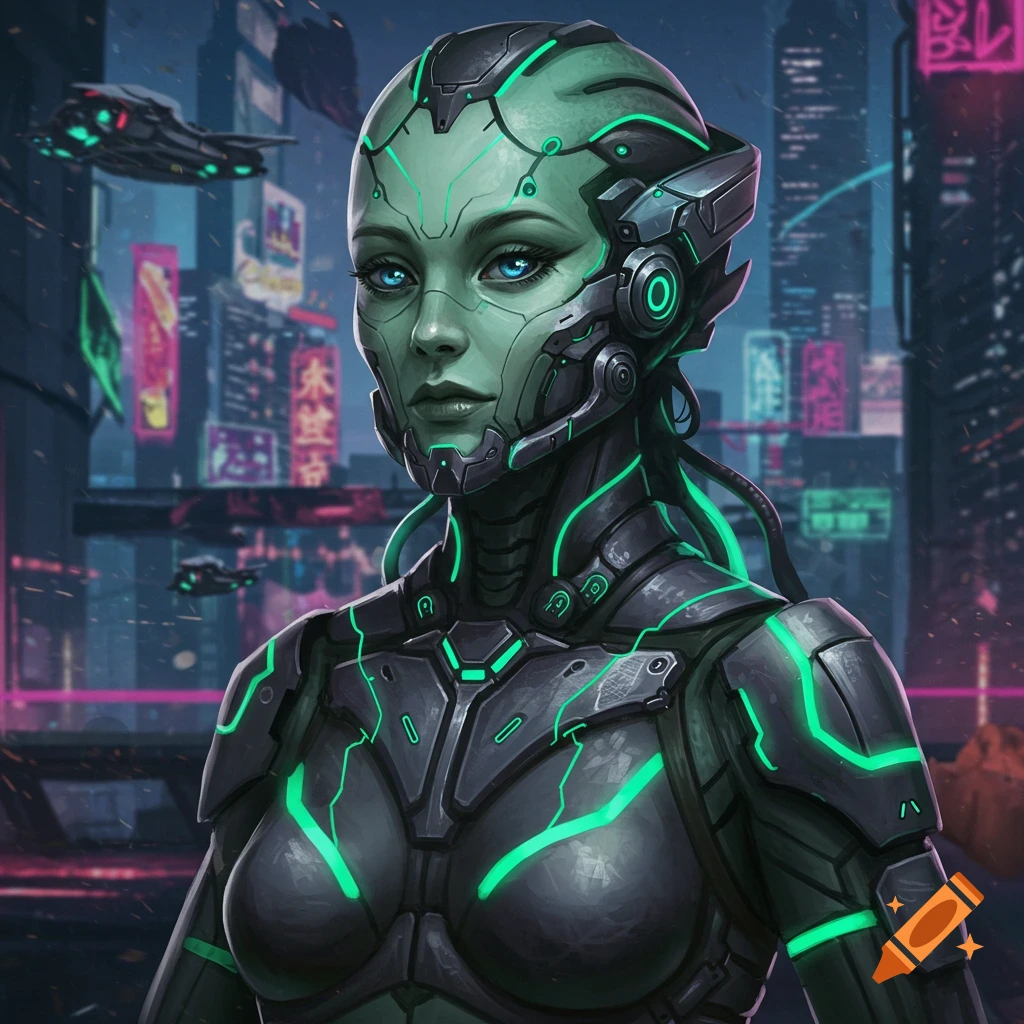 A green-skinned humanoid female in black and green futuristic armor stands in a cyberpunk city.
