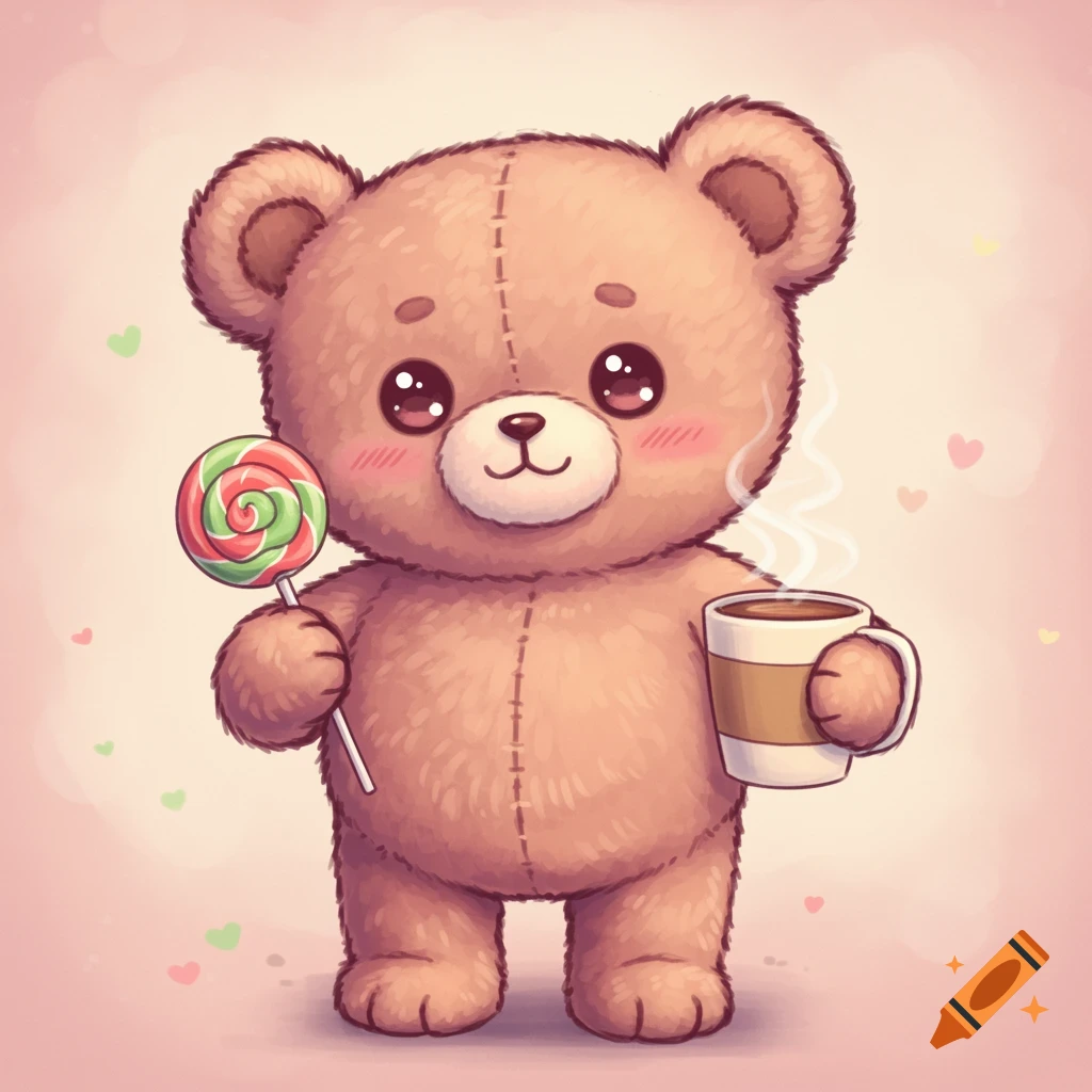 A cute cartoon teddy bear holds a lollipop and a steaming mug.