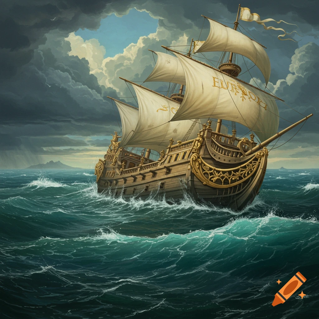 Painting of a large ornate historical ship sailing on stormy seas under a dark, dramatic sky.