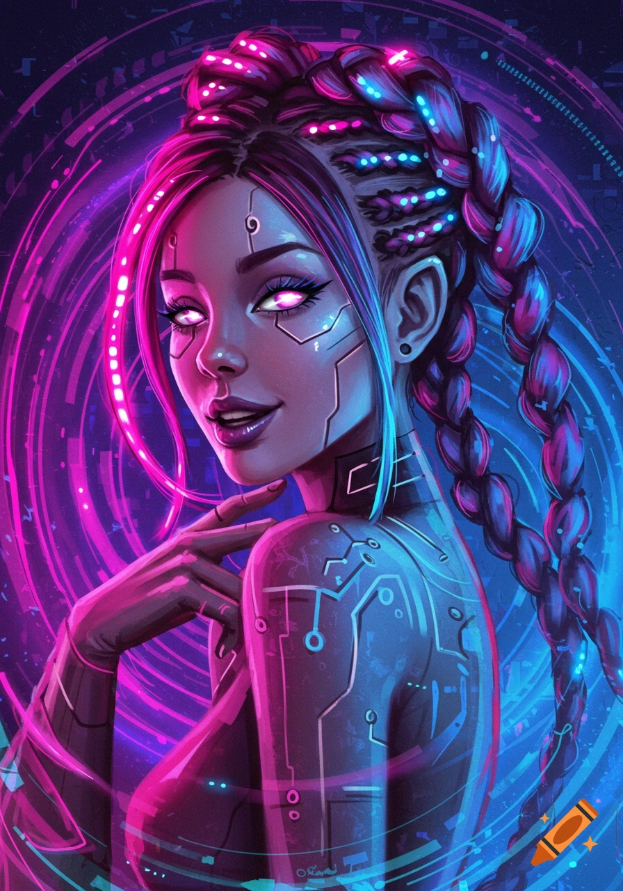 Cyberpunk portrait of a woman with cybernetic implants and neon lights, digital art