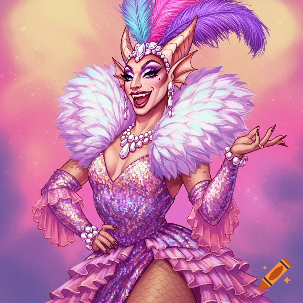 Stylized portrait of a kobold drag queen in a sparkly purple dress, white feathered boa, jewelry, and feathered headpiece, smiling broadly against a pink and orange background.