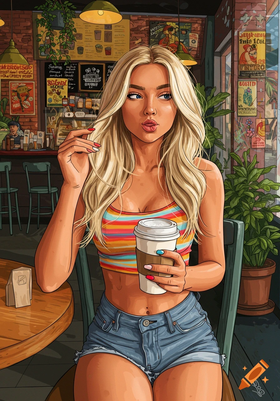 Illustrated portrait of a blonde girl in a striped crop top and denim shorts sitting in a coffee shop holding a cup.