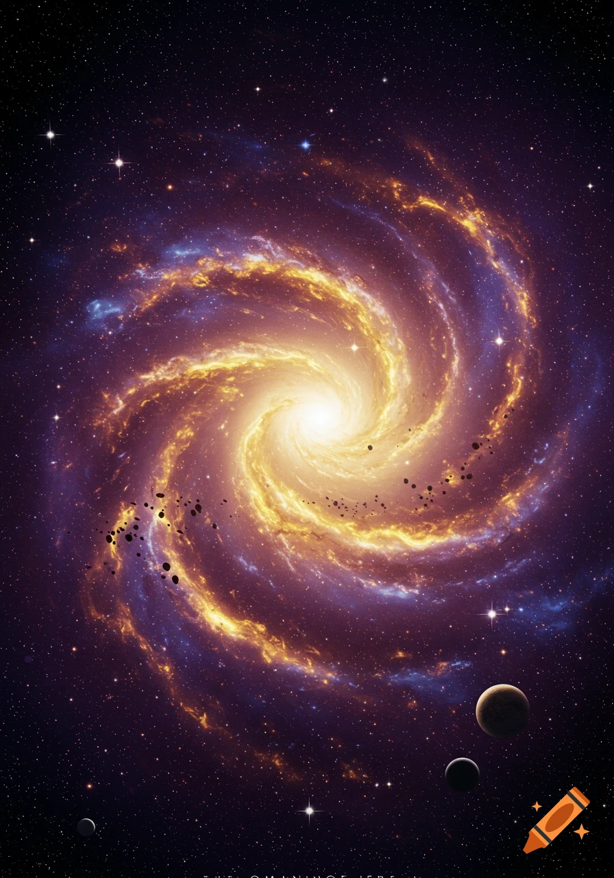 A vibrant spiral galaxy with dust clouds, stars, planets, and asteroids in deep space.