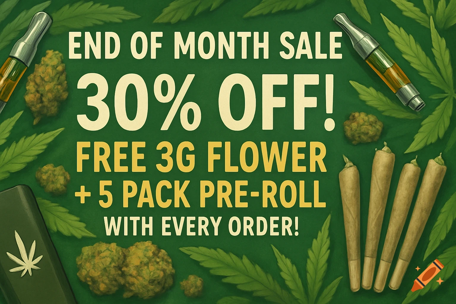 Illustration banner advertising an end of month cannabis sale with text 30% off, free 3g flower + 5 pack pre-roll.