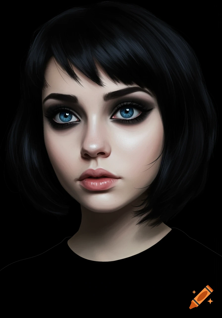 Digital art portrait of a young woman with short black hair, dark eye makeup, and bright blue eyes against a black background.
