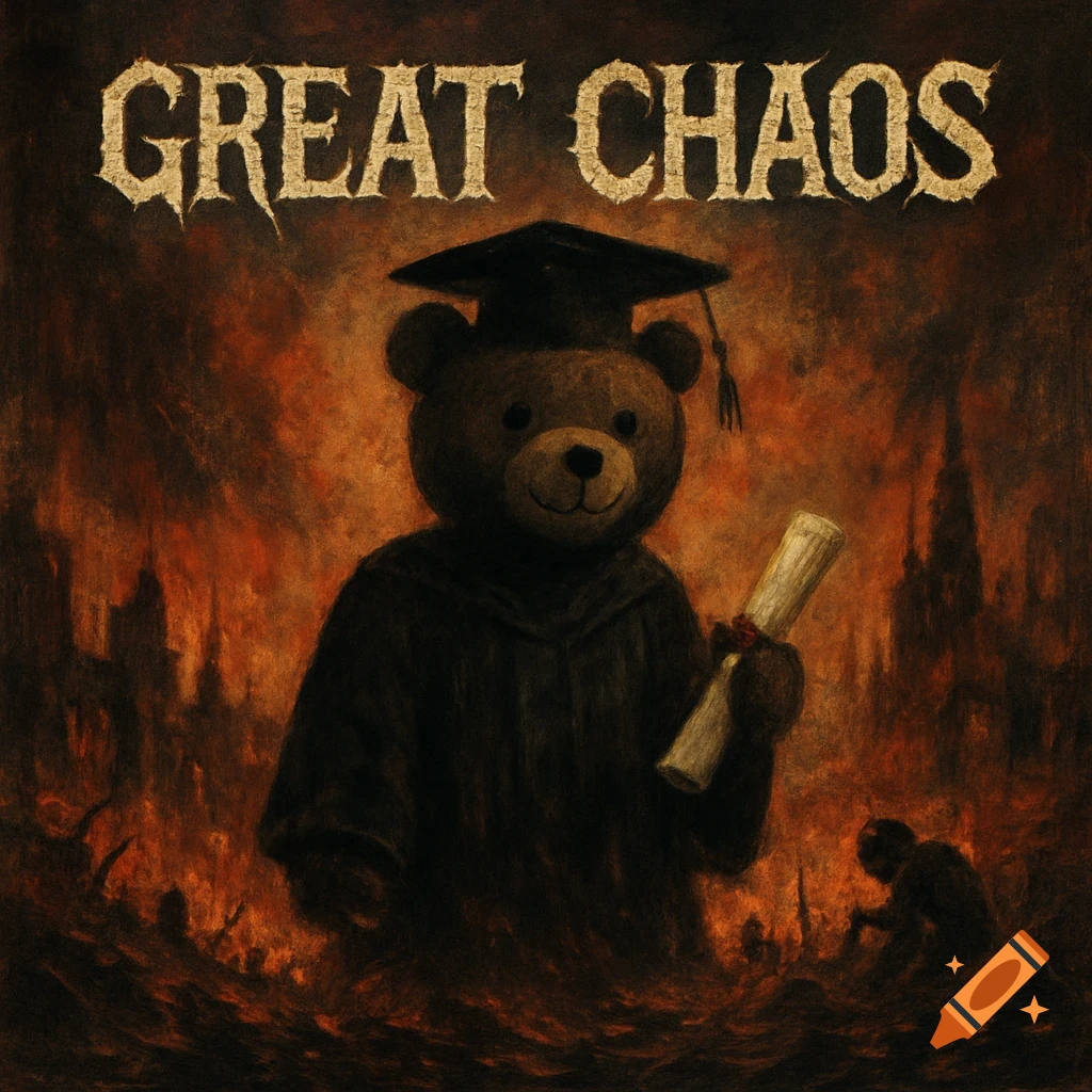 A dark painting of a graduation teddy bear in a burning city with "GREAT CHAOS" text at the top.