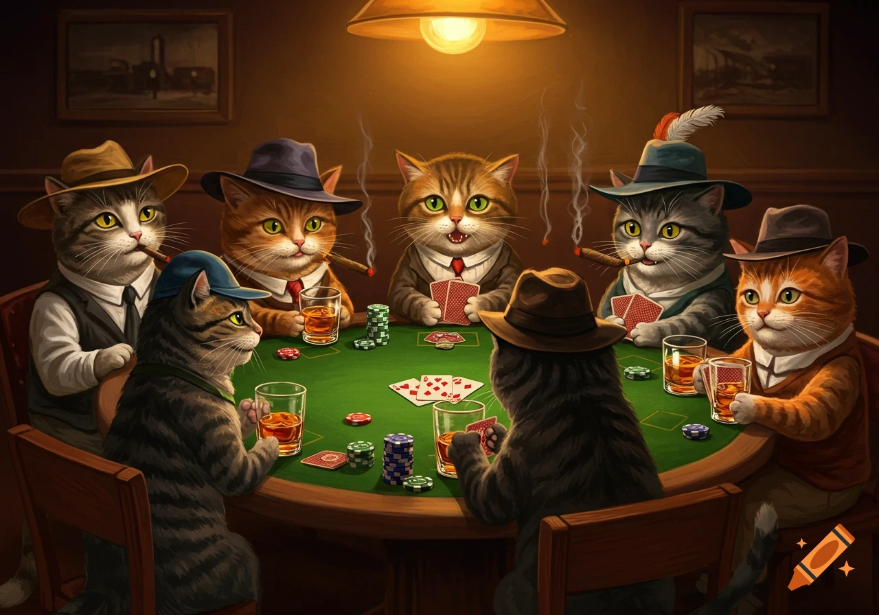 Anthropomorphic cats in suits and hats play poker, smoking cigars and drinking whiskey.