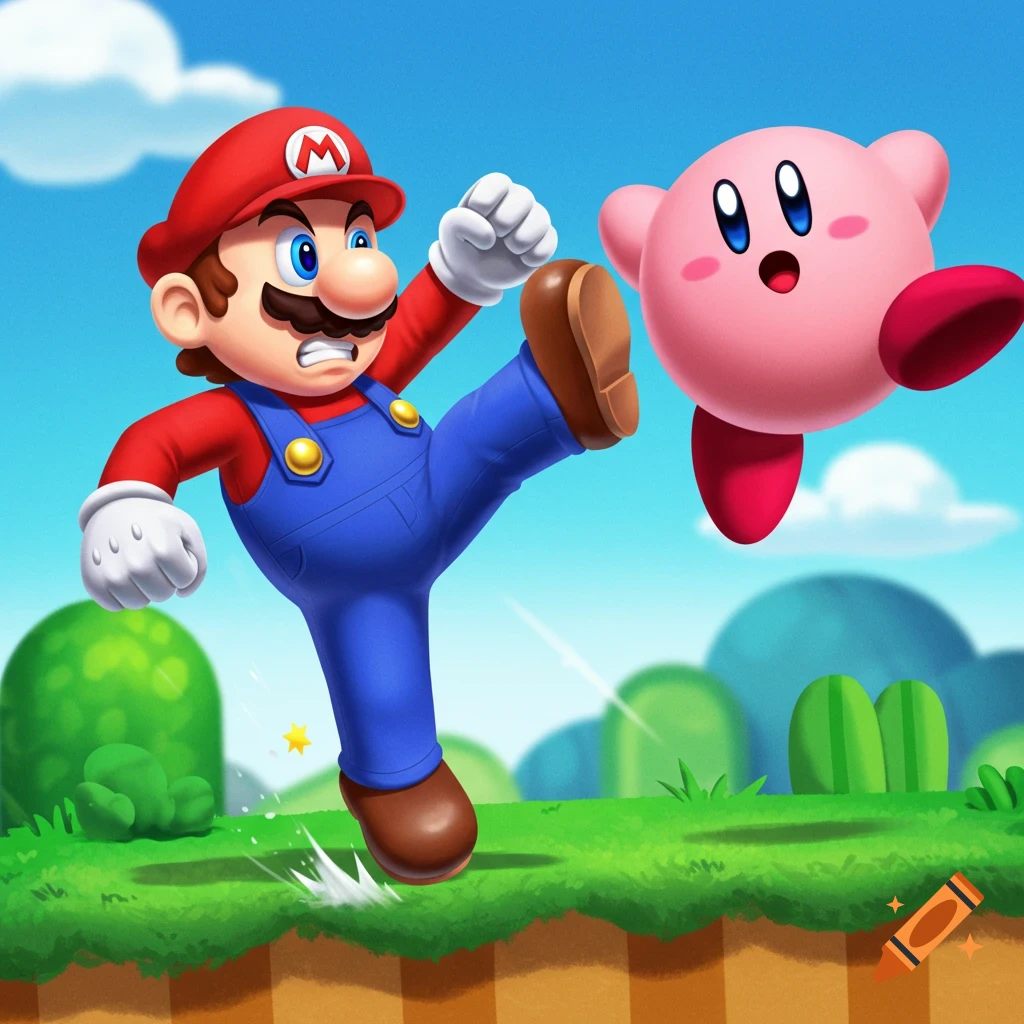 Mario kicks Kirby in a cartoon style.