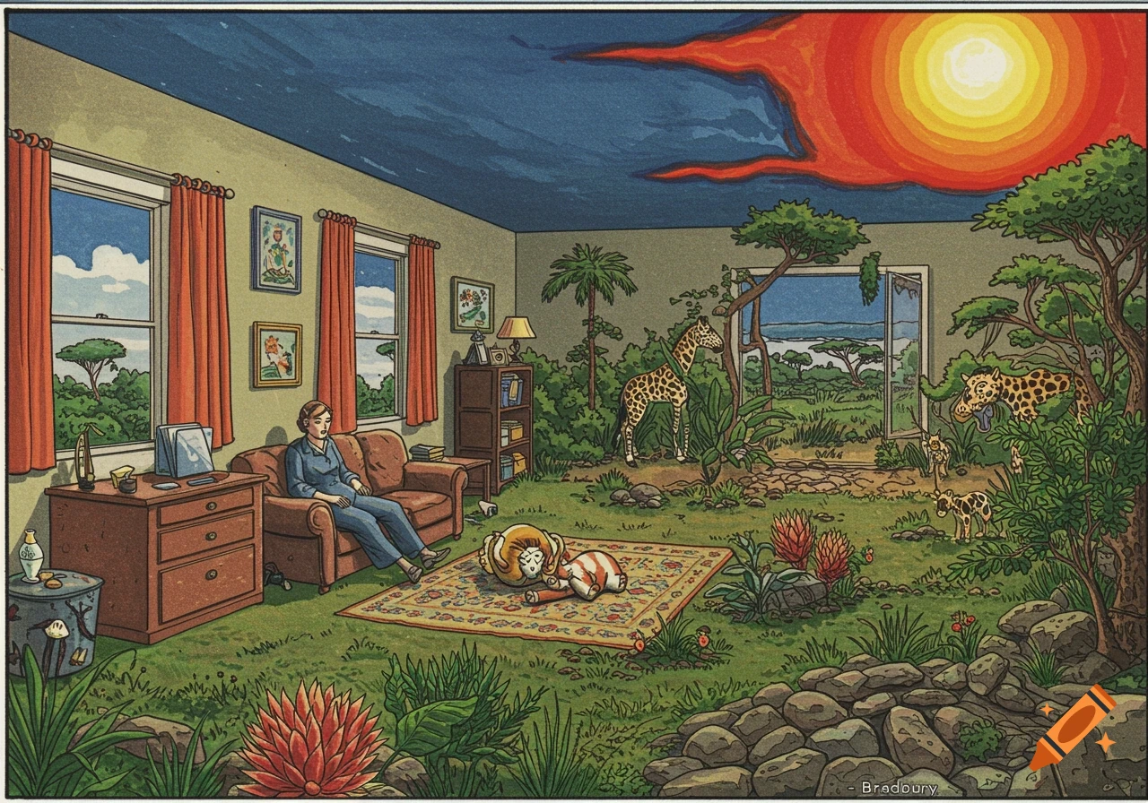 Illustration of a woman on a couch in a room transforming into an African veldt with animals and plants under an orange sky.