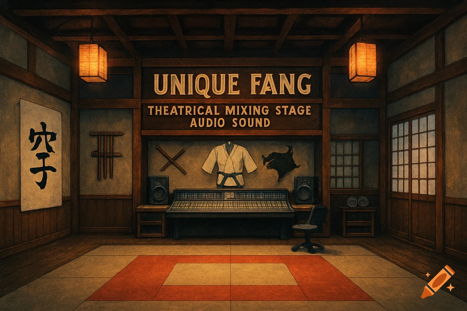 A traditional karate dojo interior with a large sound mixing console and a sign reading 'UNIQUE FANG THEATRICAL MIXING STAGE AUDIO SOUND'.