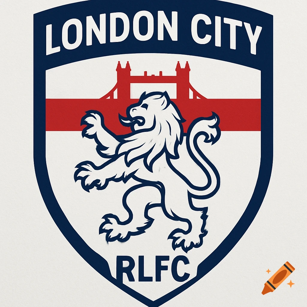 A sports shield badge with 'LONDON CITY RLFC' text, a white lion rampant, and a red silhouette of Tower Bridge.