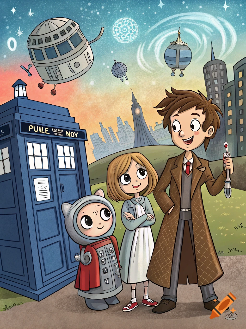 Cartoon drawing of Doctor Who characters (Doctor, companion, cat alien) standing by the TARDIS with a city and space background.
